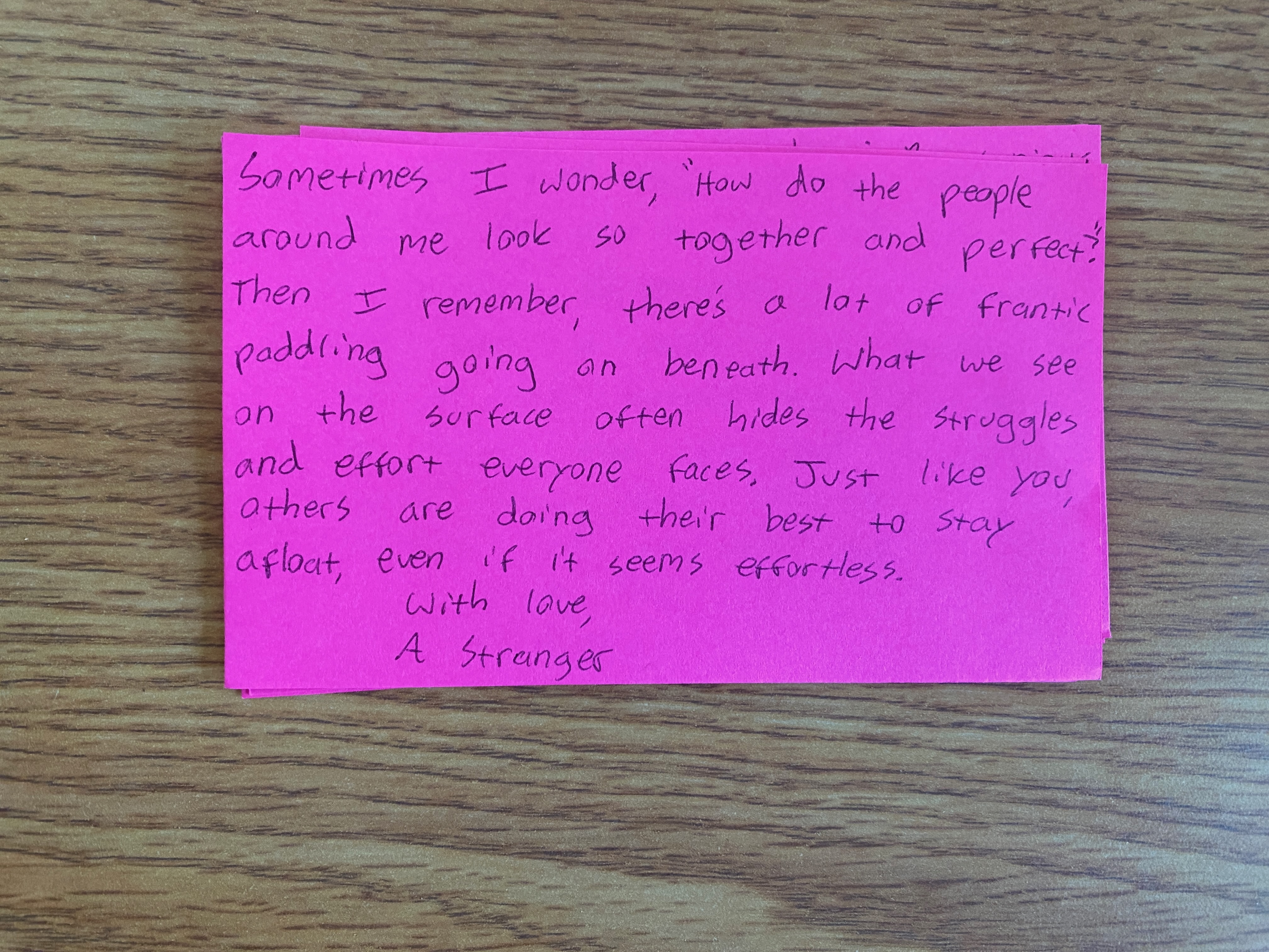 A handwritten note left for a stranger