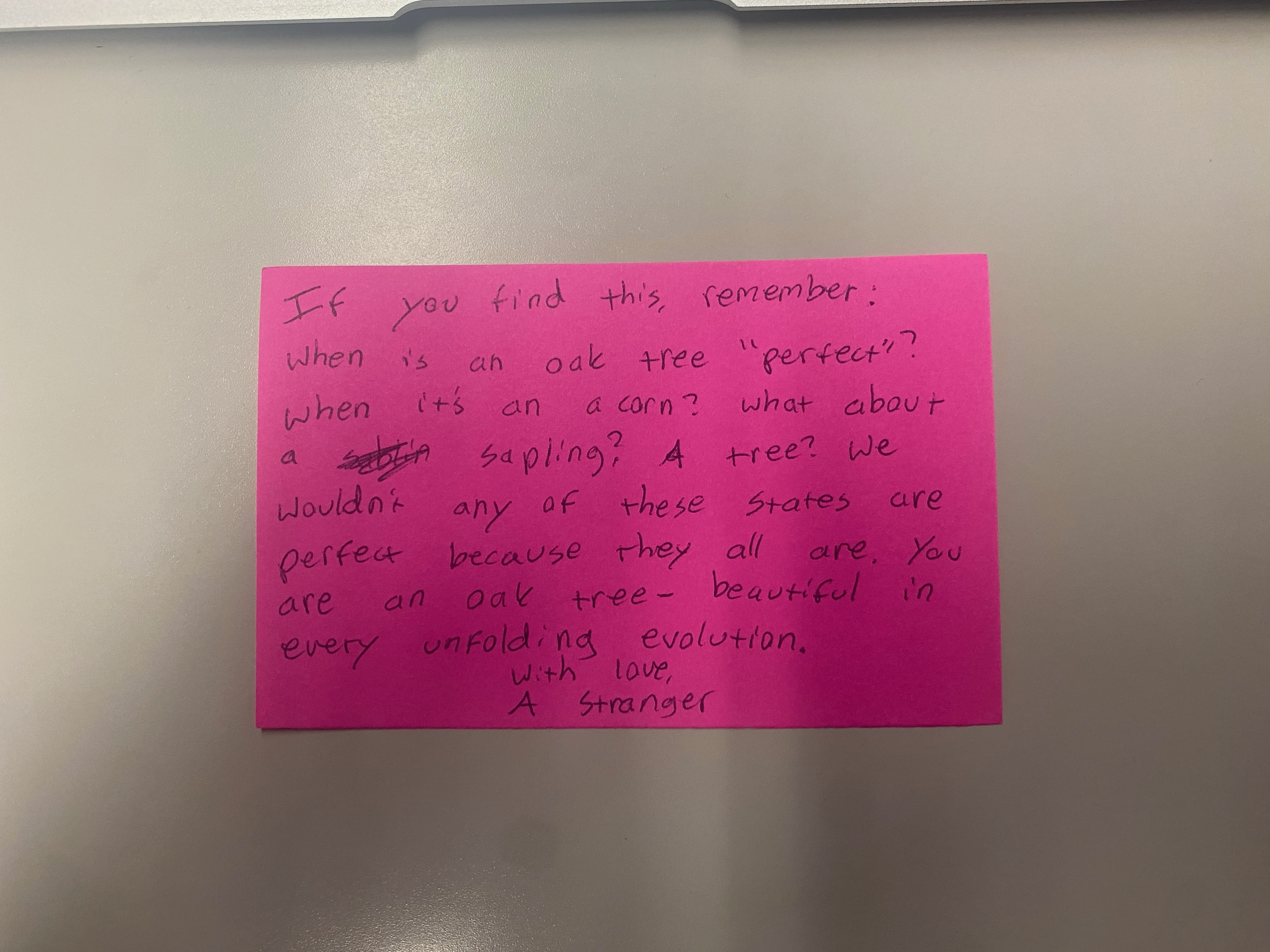 A handwritten note left for a stranger