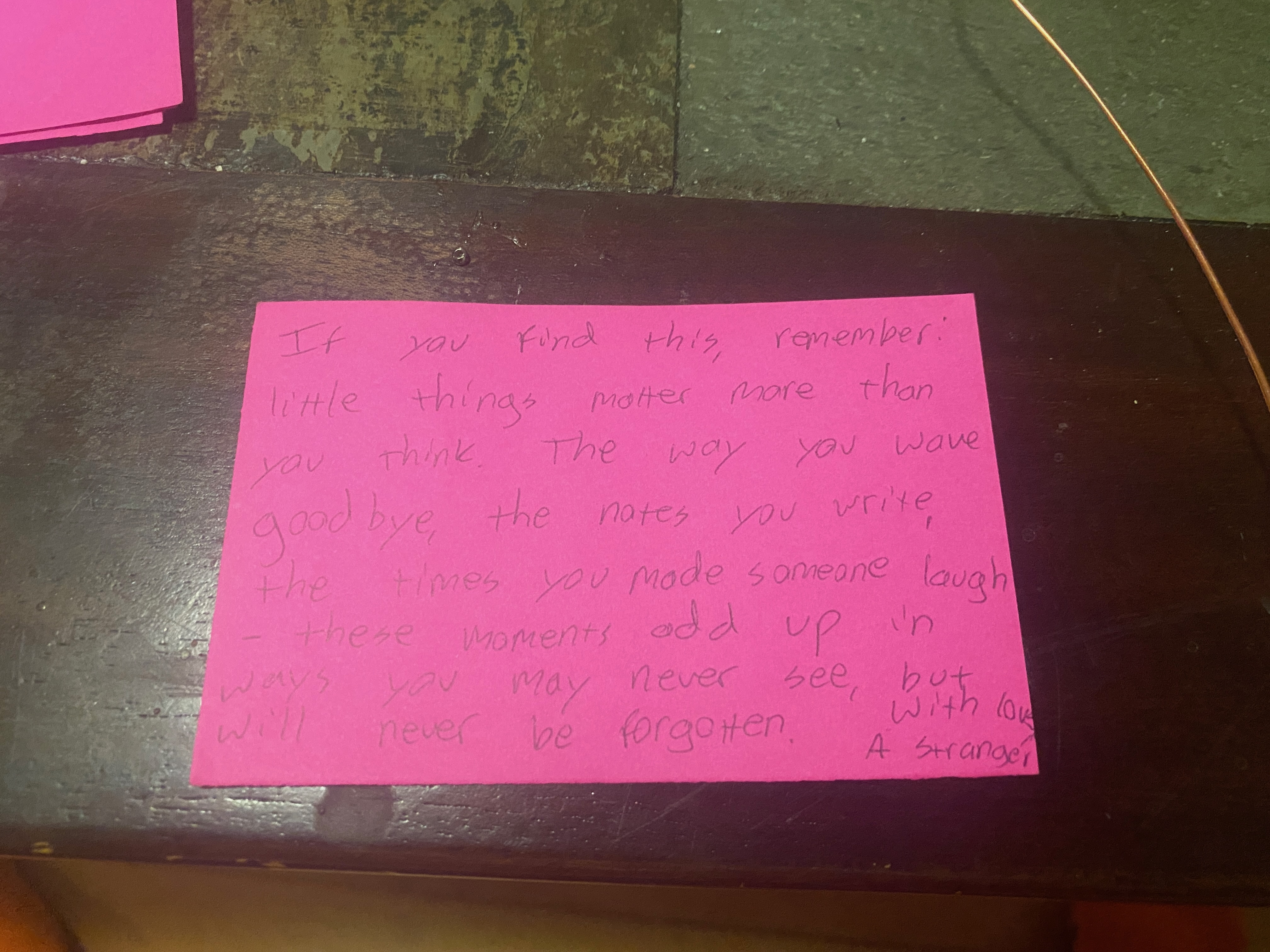 A handwritten note left for a stranger