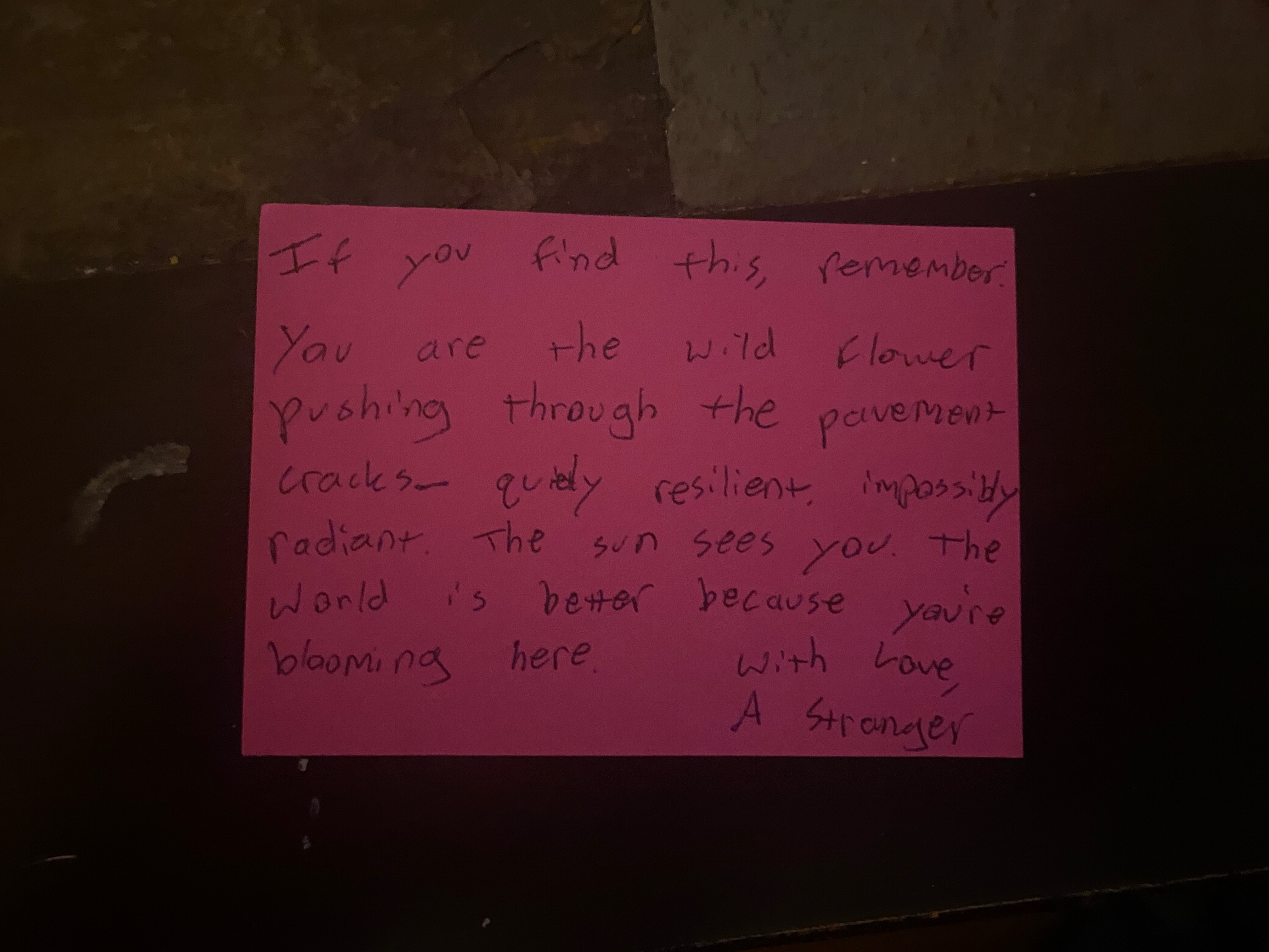 A handwritten note left for a stranger