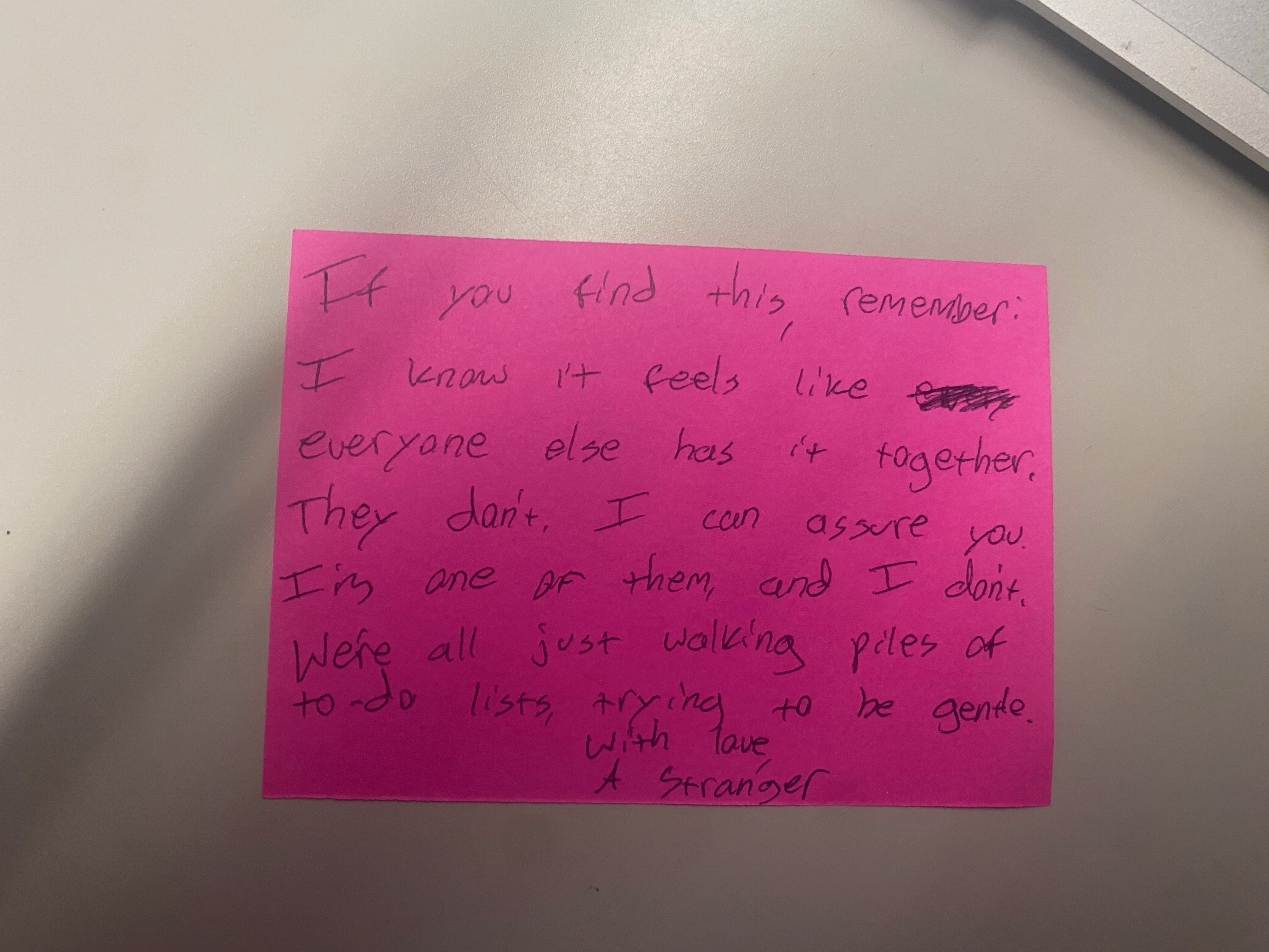 A handwritten note left for a stranger